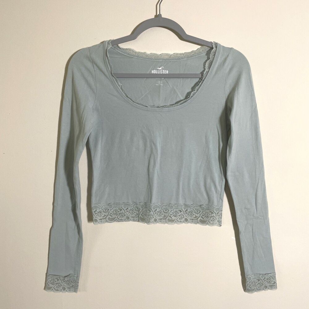 HOLLISTER Women's Lace Trim Cropped Baby Tee T-Shirt Green Top Size Small Y2K - Picture 2 of 7